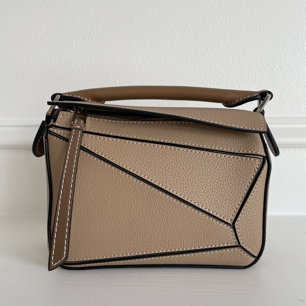 Mini Geo Panel Structured Bicolor Top Handle Bag - Taupe & Brown - Picture 4 of 14